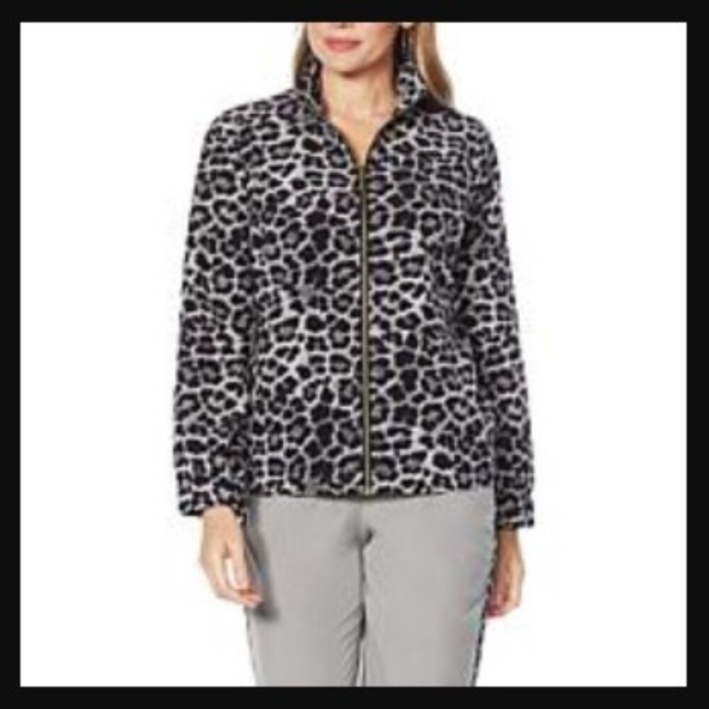 IMAN Global Chic Leopard Stretch Woven Zip-Front Jacket - Gray/black